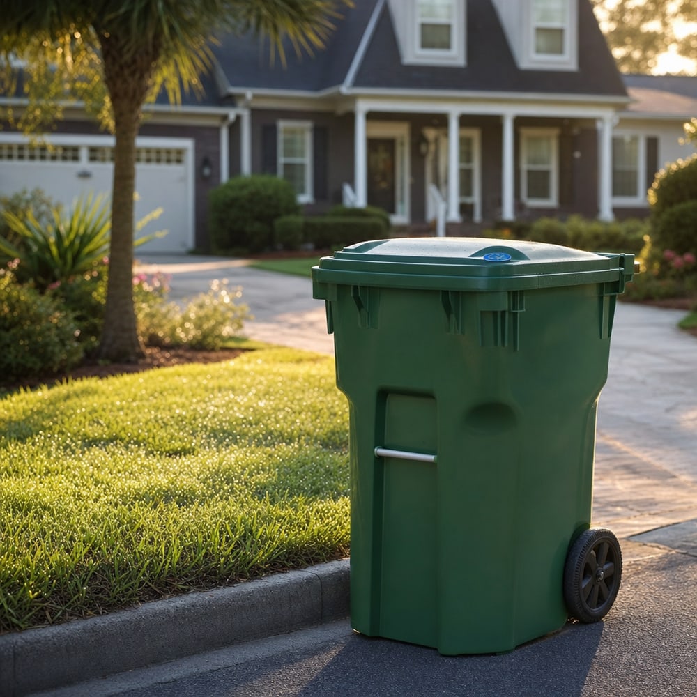A green wheelie bin at the kerb of a South Carolina home