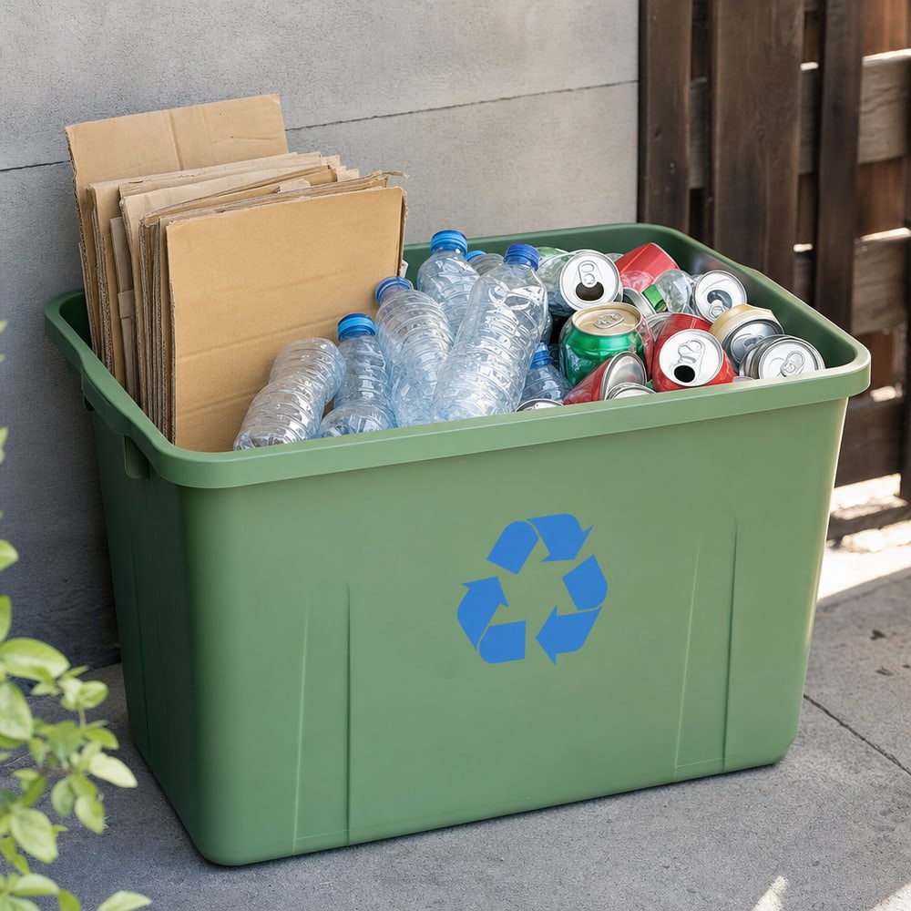 Sorted recycling — cardboard, plastics and cans