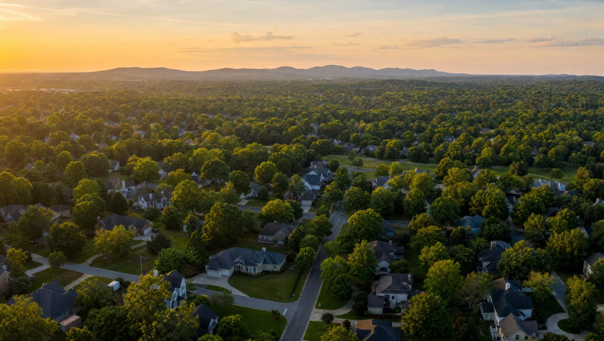 Aerial view of an Upstate South Carolina neighbourhood at golden hour